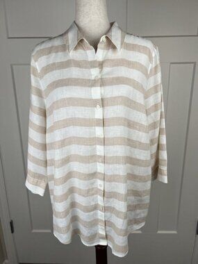 Chico's Linen Button Front Shirt Women's Size 3 Beige White Stripe Oversized